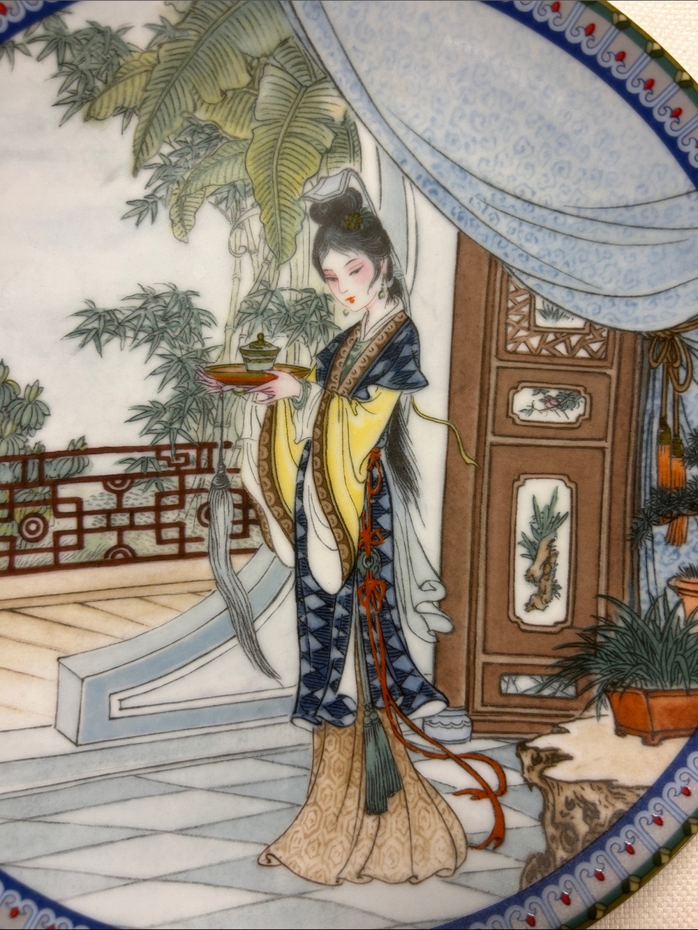 Decorative Porcelain Plate with Traditional Lady Motif in Blue Yellow Miao-yu image 2
